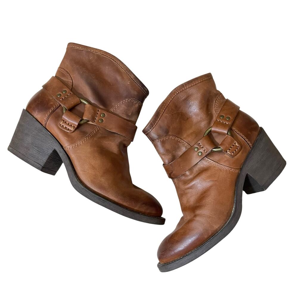 Lucky Brand Bambi Brown Leather Harness Ankle Boots Size 9M Boho Americana